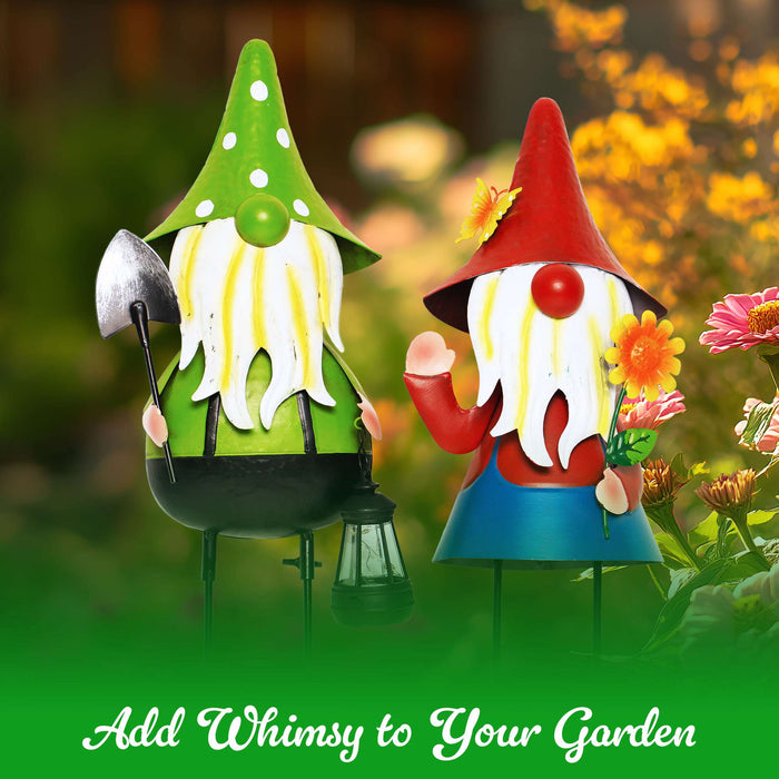 G128 Solar Gnome Garden Statues Set of 2 | 18IN Metal Gnome Outdoor Decorations with LED Lights for Garden, Lawn, Patio