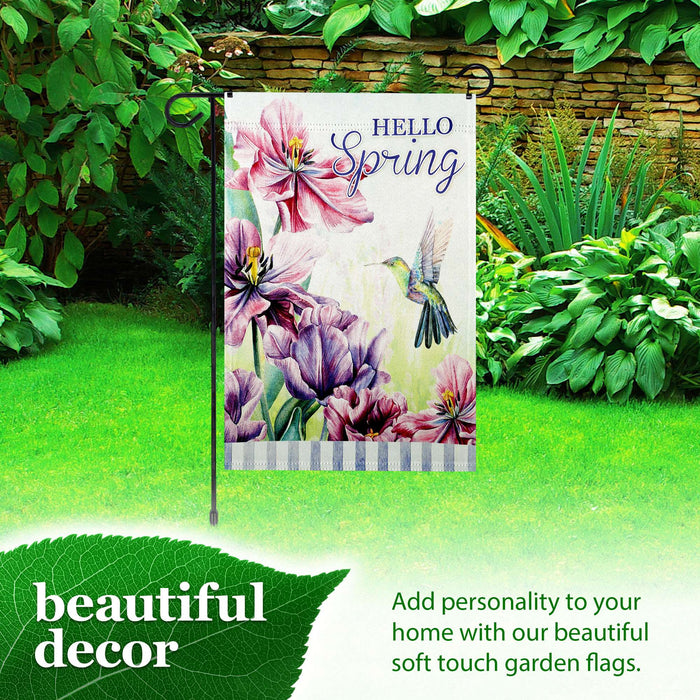 G128 Combo Pack: Garden Flag Stand 36x16IN & Garden Flag Hello Spring Hummingbird Flowers Printed 12x18IN Double Sided