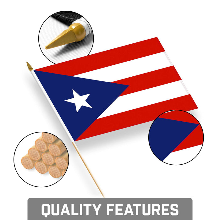 G128 50 Pack Handheld Puerto Rico Puerto Rican Stick Flags | 8x12 In | Printed 150D Polyester, Country Flag, Solid Wooden Stick, Spear Gold Tip