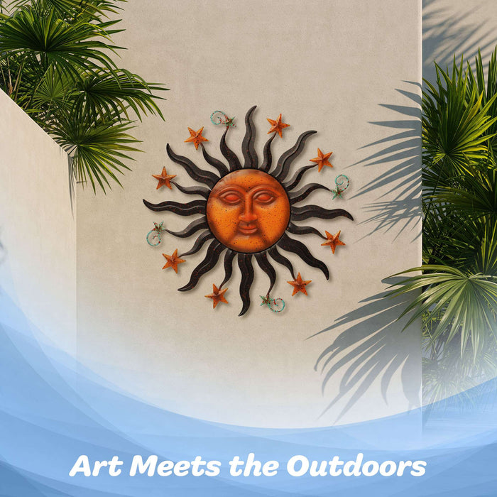 G128 24 in Sun Face Metal Wall Art Decor | Cute Sun Face Metal Wall Sculpture Statues Wall Art Hanging Decoration for Indoor Outdoor, Garden, Home, Farmhouse, Fence Balcony Patio and Bedroom