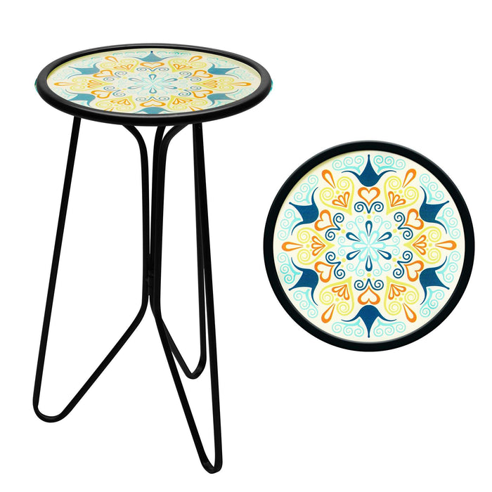G128 12 in Round Glass Outdoor Side Table Green Mandala Pattern | Decorative Plant Stand, Small End Table for Garden Patio Porch Living Room