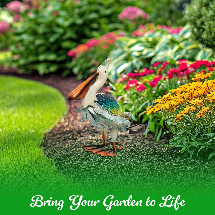 G128 Solar Metal Pelican Garden Statue | 17 Inch Coastal Ocean Bird Yard Art with Colorful Wings and Solar-Powered Light for Lawn, Patio, and Backyard