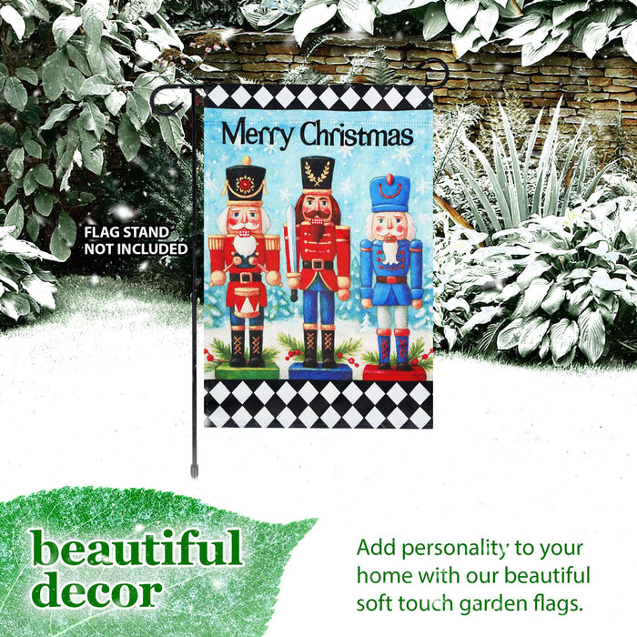 G128 Merry Christmas Three Nutcrackers Garden Flag 12x18 In Double Sided Christmas Yard Garden Lawn Decoration
