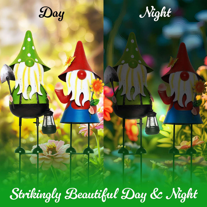G128 Solar Gnome Garden Statues Set of 2 | 18IN Metal Gnome Outdoor Decorations with LED Lights for Garden, Lawn, Patio