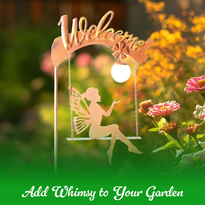 G128 Fairy Welcome Solar Lights Garden Stake Decor for Outside | 50IN Metal Fairy Figurine Stake Decor for Patio Lawn Yard Pathway Outdoor Home