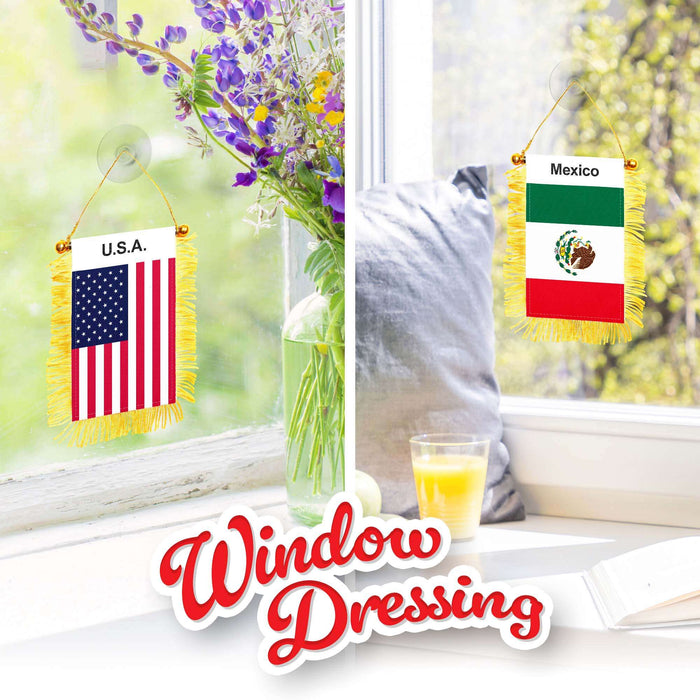 G128 Combo Pack: American USA & Mexico Mexican Fringy Flag Double Sided 3x5 In | Both Fringy Hanging Flag with Suction Cup