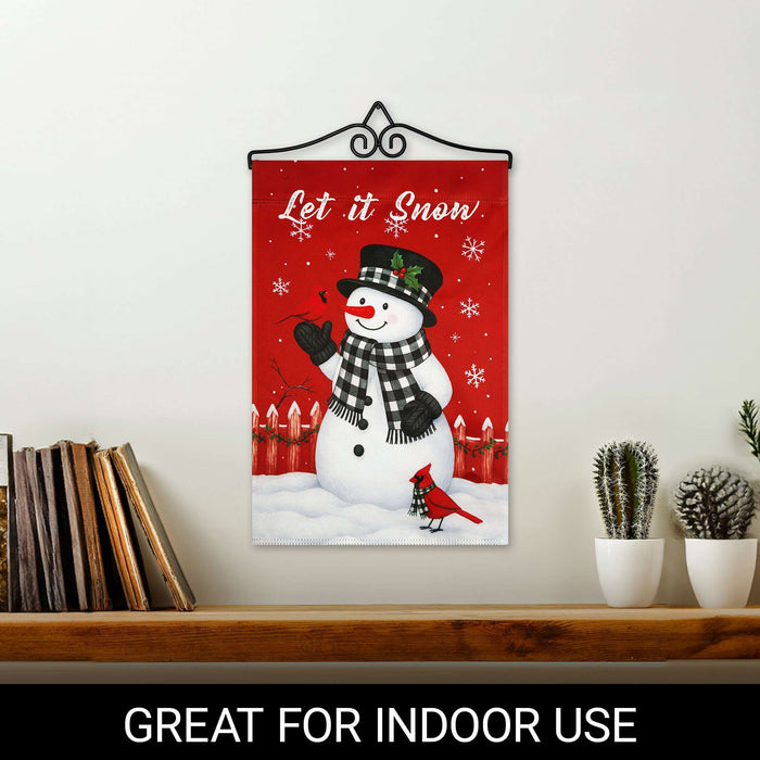 G128 12x18IN Let It Snow Snowman Cardinal Garden Flag with 14IN Hanger