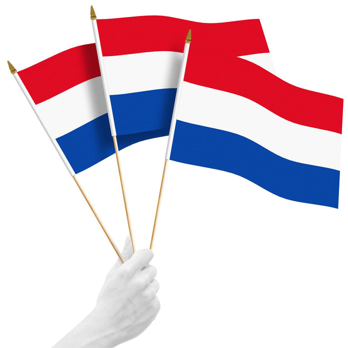 G128 10 Pack Handheld Netherlands Dutch Stick Flags | 12x18 In | Printed 150D Polyester, Country Flag, Solid Plastic Stick, Spear White Tip