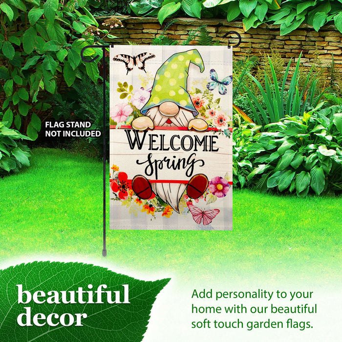 G128 Welcome Spring Gnome Flowers Garden Flag 12x18 In Double Sided Spring Yard Garden Lawn Decoration