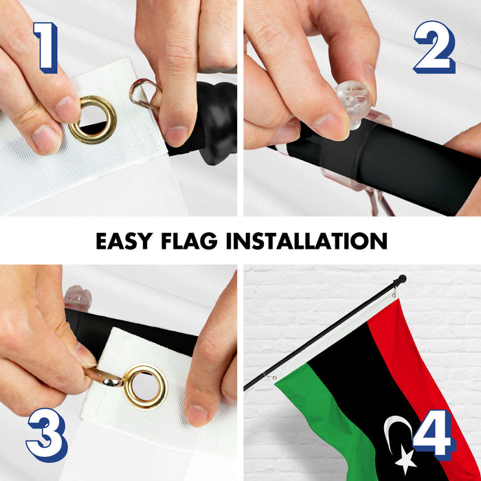 G128 Combo Pack: 6 Ft Twist Free Aluminum Spinning Flagpole (Black) & Libya Flag | 3x5 Ft | LiteWeave Pro Series Printed 150D Polyester | Pole with Flag Included