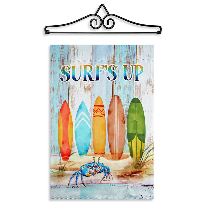 G128 12x18IN Surfs Up Surfboard Beach Garden Flag with 14IN Hanger