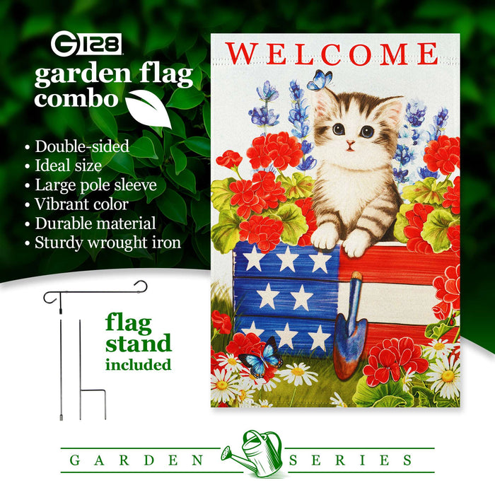 G128 Combo Pack: Garden Flag Stand 36x16IN & Garden Flag Welcome Kitten Patriotic Printed 12x18IN Double Sided