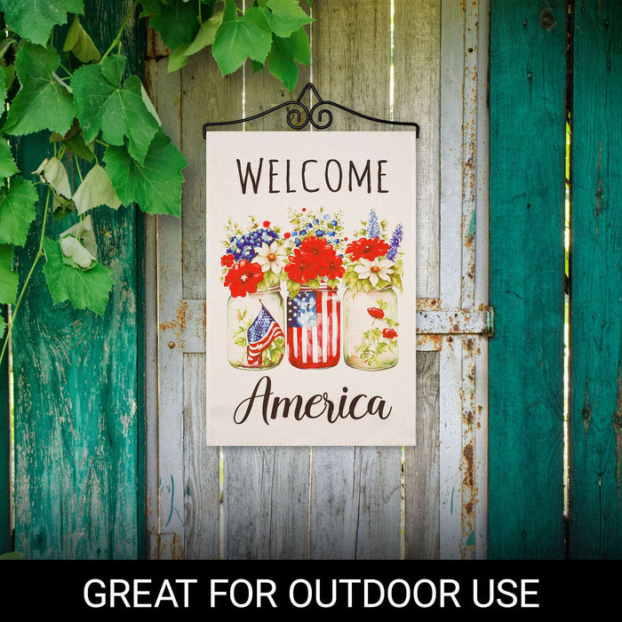 G128 Combo Pack Garden Flag Hanger 14IN & Garden Flag Welcome America Mason Jars Printed 12x18IN Double Sided Yard Garden Lawn Decoration
