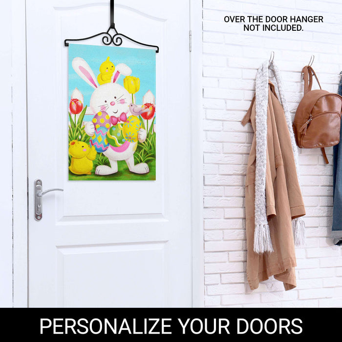 G128 Combo Pack Garden Flag Hanger 14IN & Garden Flag Happy Easter White Bunny with Easter Eggs Printed 12x18IN Double Sided