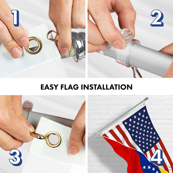 G128 Combo Pack: 6 Ft Tangle Free Aluminum Spinning Flagpole (Silver) & Venezuela 8 Stars USA Friendship Flag | 3x5 Ft |LiteWeave Pro Series Printed 150D Polyester | Pole with Flag Included
