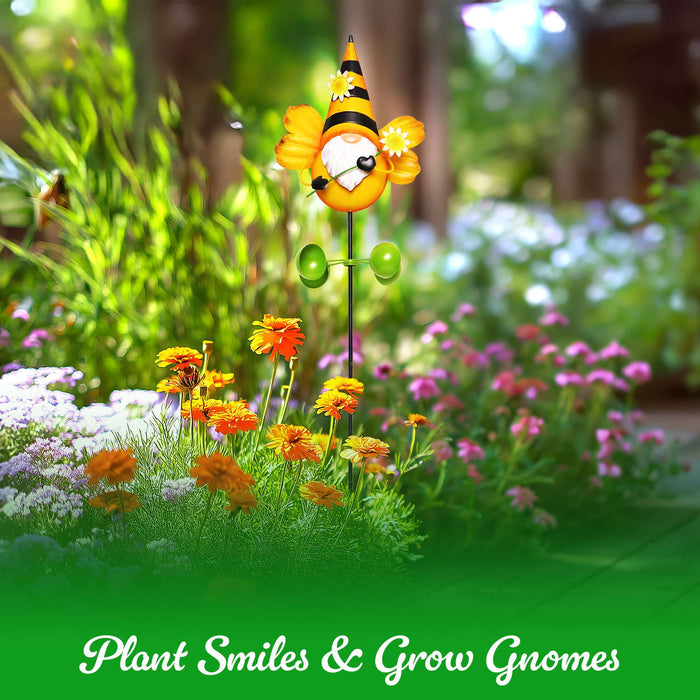 G128 Gnome Bee Metal Yard Wind Spinner Stake | Outdoor 48 inch Gnome Statue Decorations 360 Degrees Swivel Wind Spinner for Patio Garden Backyard