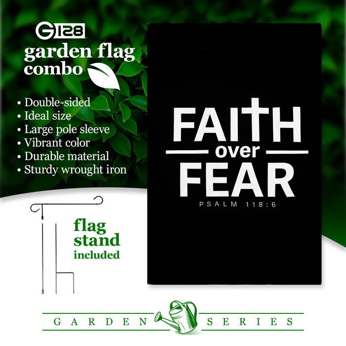 G128 Combo Pack Garden Flag Stand Black 36x16IN & Garden Flag Faith Over Fear Scripture Printed 12x18IN Double Sided Yard Garden Lawn Decoration