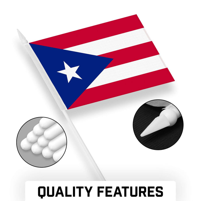 G128 50 Pack Handheld Puerto Rico Puerto Rican Stick Flags | 4x6 In | Printed 150D Polyester, Country Flag, Solid Plastic Stick, Spear White Tip