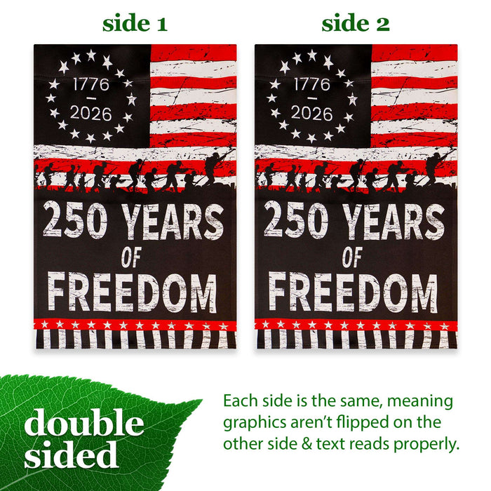 G128 USA 250th Anniversary Freedom Soldiers Garden Flag 12x18 In | Double Sided Printed Patriotic Yard Decoration | America 1776–2026 Celebration Flag for Lawn or Garden