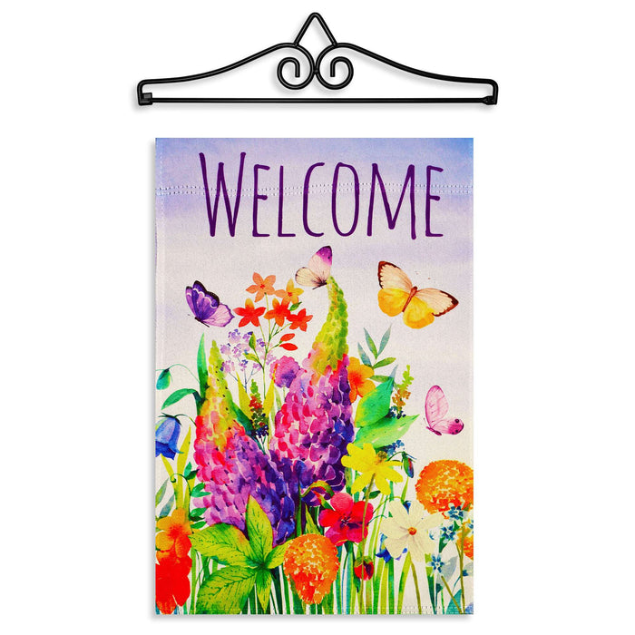 G128 Combo Pack Garden Flag Hanger 14IN & Garden Flag Spring Floral Butterfly Welcome Printed 12x18IN Double Sided Yard Garden Lawn Decoration