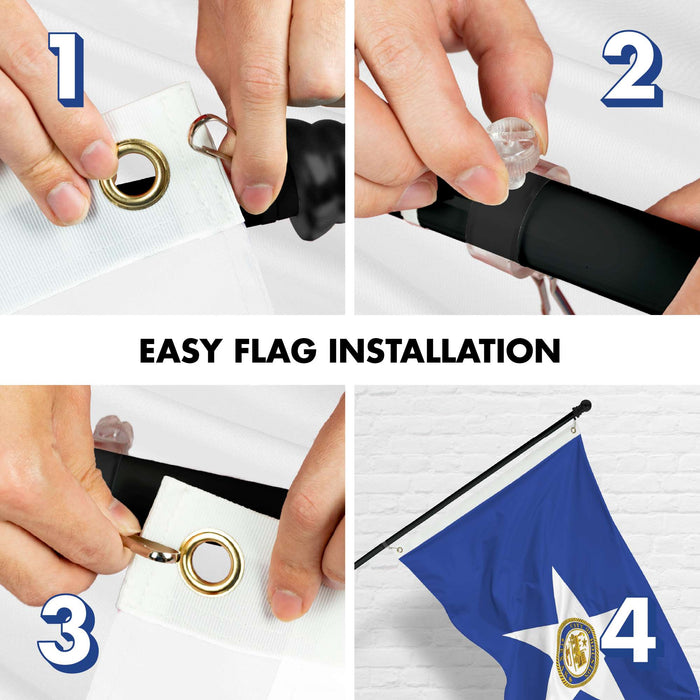 G128 Combo Pack: 6 Ft Twist Free Aluminum Spinning Flagpole (Black) & Houston Flag | 3x5 Ft | LiteWeave Pro Series Printed 150D Polyester | Pole with Flag Included