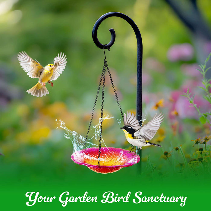 G128 Hanging Glass Bird Bath Outdoor Bird Feeder 8-inch for Garden Decoration Pink Flower Design