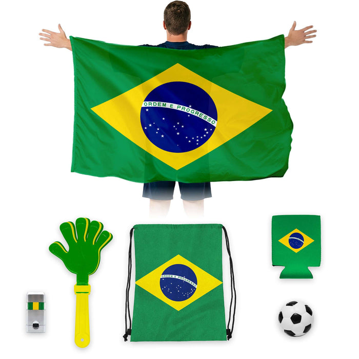 G128 World Soccer Tournament 2026 Cup Soccer Fan Set 6PCS, Brazil Fan Merch with Flag and Koozie, Accessories for Sports Parties