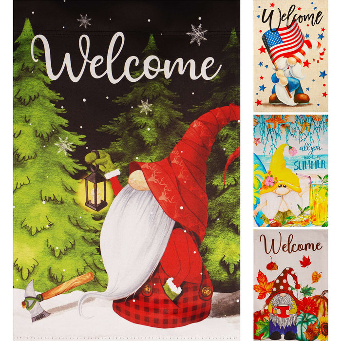 G128 set of 4 welcome gnomes for all seasons garden flags, 12x18 inch
