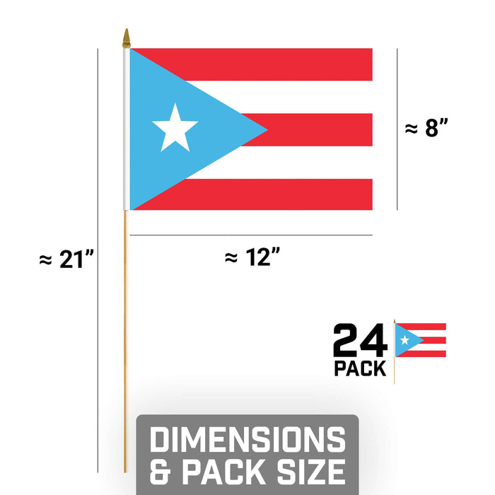 G128 Puerto Rico Light Blue Handheld Stick Flag 8"x12" (24 Pack) | Printed 150D Polyester, Solid Plastic Stick, Spear White Tip