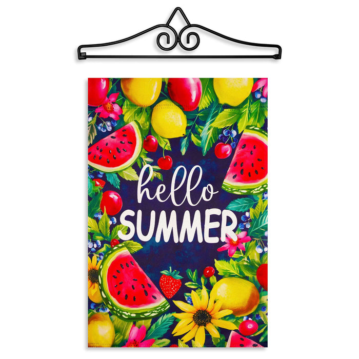G128 12x18IN Hello Summer Watermelon Fruit Garden Flag with 14IN Hanger