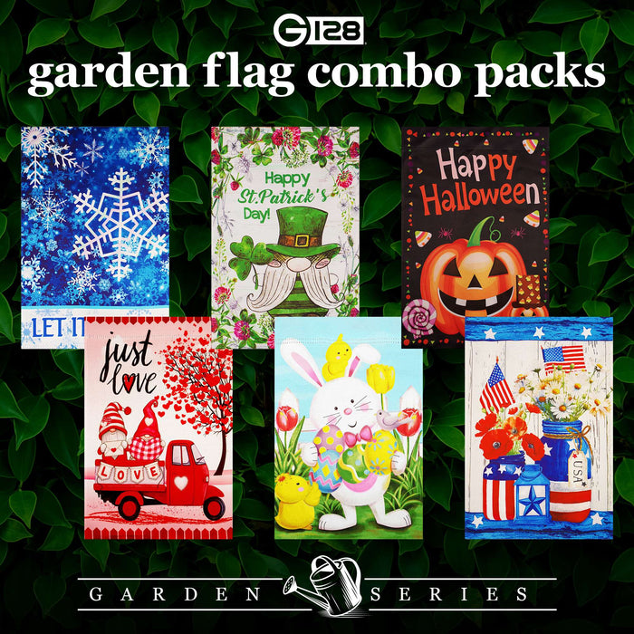 G128 set of 6 gnome, truck and pumpkin garden flags, 12x18 inch