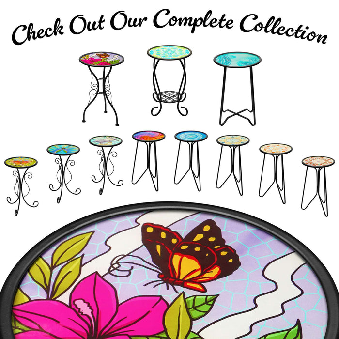 G128 14 in Round Glass Outdoor Side Table Butterfly Floral Pattern | Decorative Plant Stand, Small End Table for Garden Patio Porch Living Room