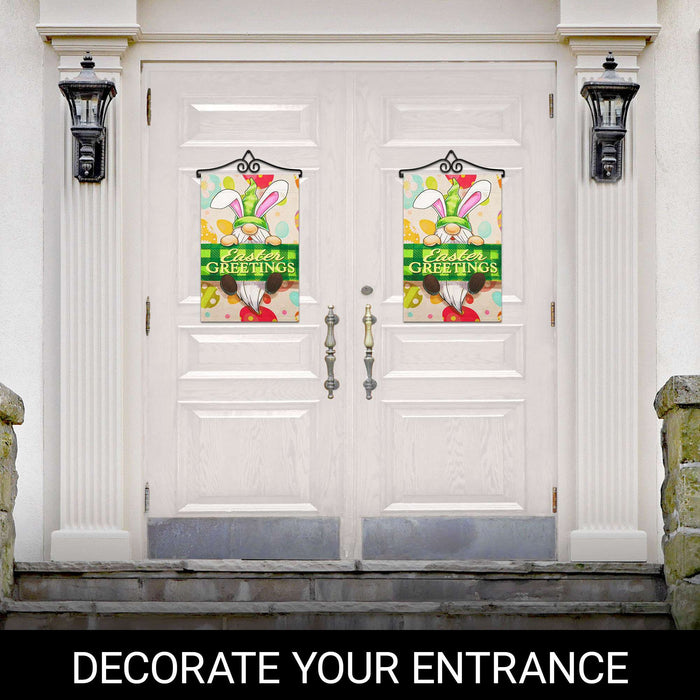 G128 Combo Pack Garden Flag Hanger 14IN & Garden Flag Happy Easter Gnome Greetings Printed 12x18IN Double Sided