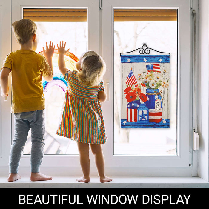 G128 Combo Pack Garden Flag Hanger 14IN & Garden Flag Rustic Mason Jar Patriotic Flowers Printed 12x18IN Double Sided Yard Garden Lawn Decoration
