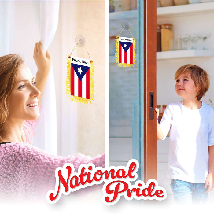 G128 2 Pack: Puerto Rico Fringy Flag | 3x5IN | Fringy Hanging Double Sided Flag with Suction Cup, Window and Car Rearview Mirror Decor