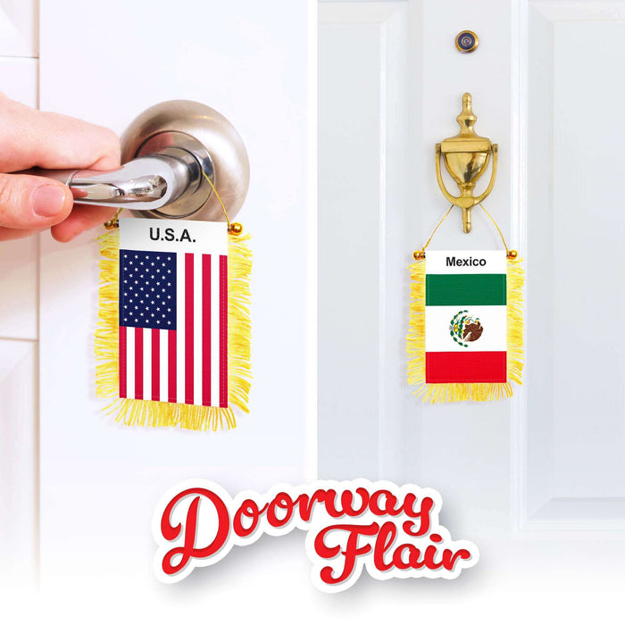 G128 Combo Pack: American USA & Mexico Mexican Fringy Flag Double Sided 3x5 In | Both Fringy Hanging Flag with Suction Cup