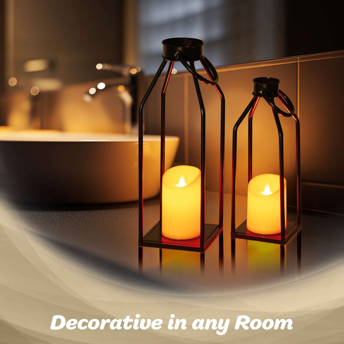 G128 2PCS Black Metal Frame Flameless Candle Lanterns Decorative | Modern Farmhouse Lantern Home Decor for Living Room, Indoor, Outdoor, Front Porch | No Battery Included
