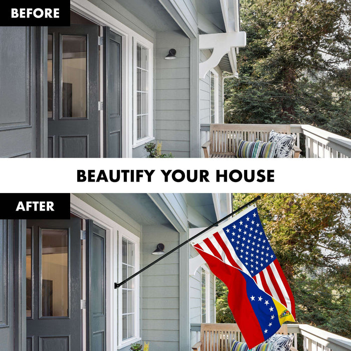 G128 Combo Pack: 6 Ft Twist Free Aluminum Spinning Flagpole (Black) & Venezuela 7 Stars USA Friendship Flag | 3x5 Ft | LiteWeave Pro Series Printed 150D Polyester | Pole with Flag Included