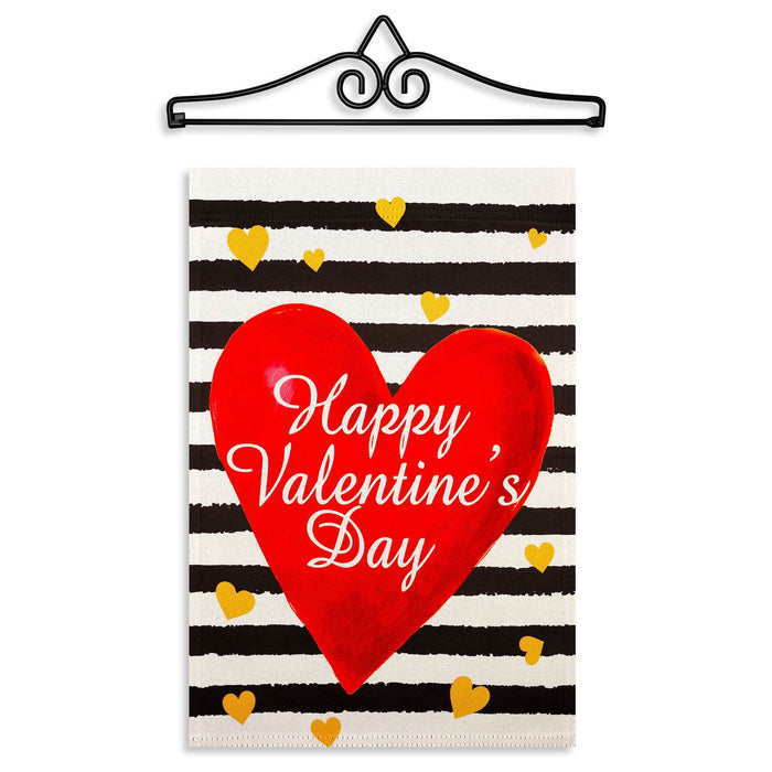 G128 Combo Pack Garden Flag Hanger 14IN & Garden Flag Happy Valentine's Day Striped Heart Printed 12x18IN Double Sided
