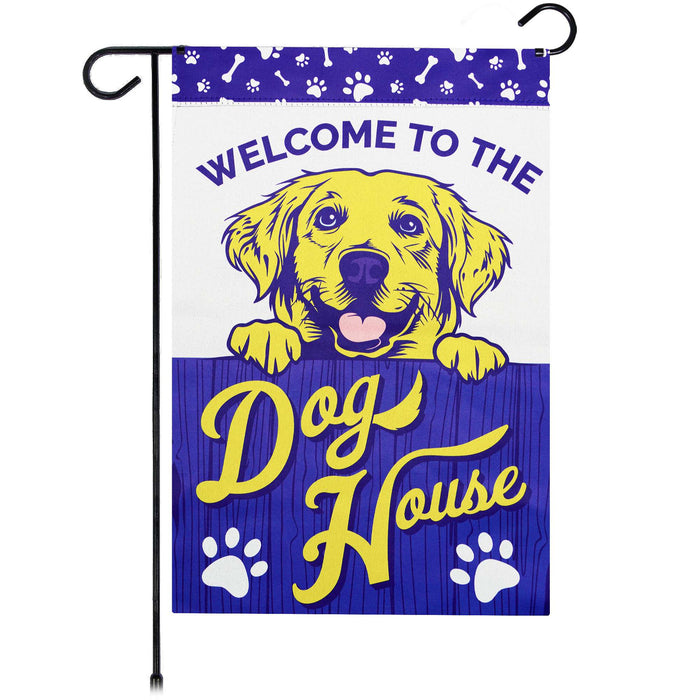 G128 Welcome to the Dog House Yellow Labrador Garden Flag 12x18 In Double Sided Blockout Fabric Yard Garden Lawn Decoration