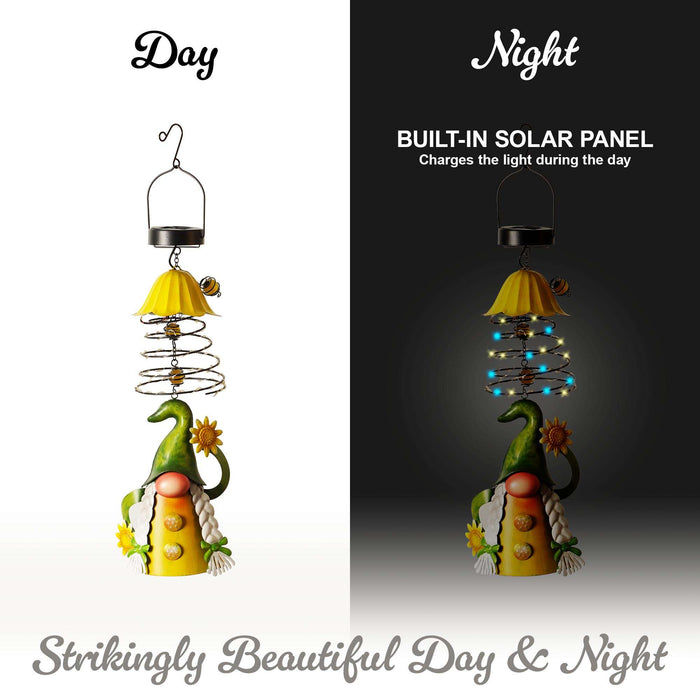 G128 Solar Garden Gnome Hanging Outdoor Decoration | Green Hat Gnome with Sunflowers, LED Lights Color Changing, Colorful Yard Art for Lawn Patio Backyard