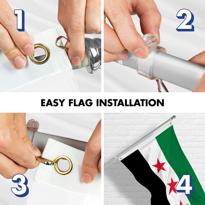 G128 Combo Pack: 6 Ft Tangle Free Aluminum Spinning Flagpole (Silver) & Republic of Syria Flag 3x5 Ft, LiteWeave Pro Series Printed 150D Polyester | Pole with Flag Included