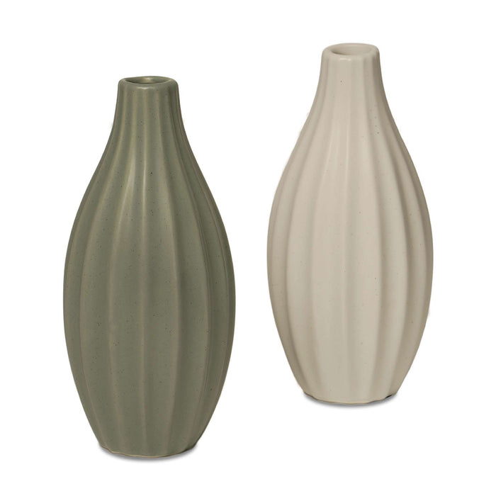 G128 2 Pcs 7.75 In Tall Modern Ceramic Vase Set Decorative Ribbed Vases Olive Green and Cream Elegant Home Decoration for Living Room Bedroom Office or Bathroom