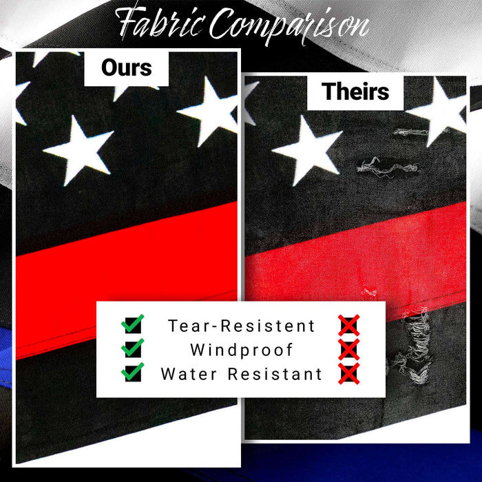 G128 - Thin Blue Line Police & Thin Red Line Firefighter Heavy Duty 220GSM Tough Spun Polyester Embroidered 2.5x4ft US American Flag Brass Grommets Honoring Law Enforcement Officers First Responder
