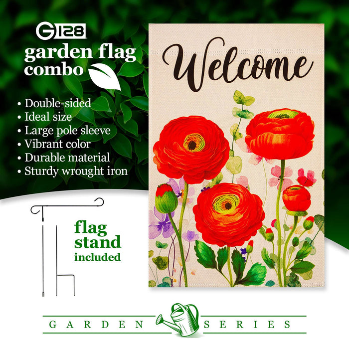 G128 Combo Pack Garden Flag Stand Black 36x16IN & Garden Flag Spring Welcome Red Orange Flowers Printed 12x18IN Double Sided Yard Garden Lawn Decoration