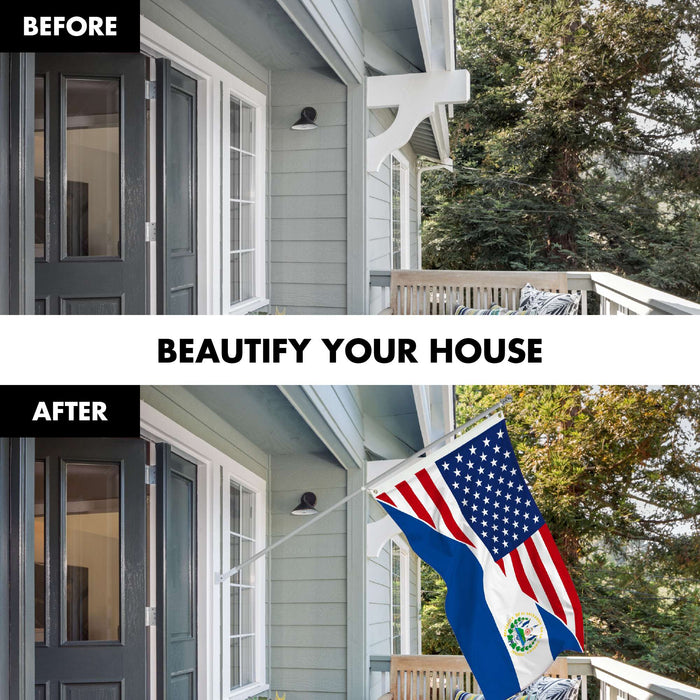 G128 Combo Pack: 6 Ft Tangle Free Aluminum Spinning Flagpole (Silver) & El Salvador USA Friendship Flag | 3x5 Ft |LiteWeave Pro Series Printed 150D Polyester | Pole with Flag Included