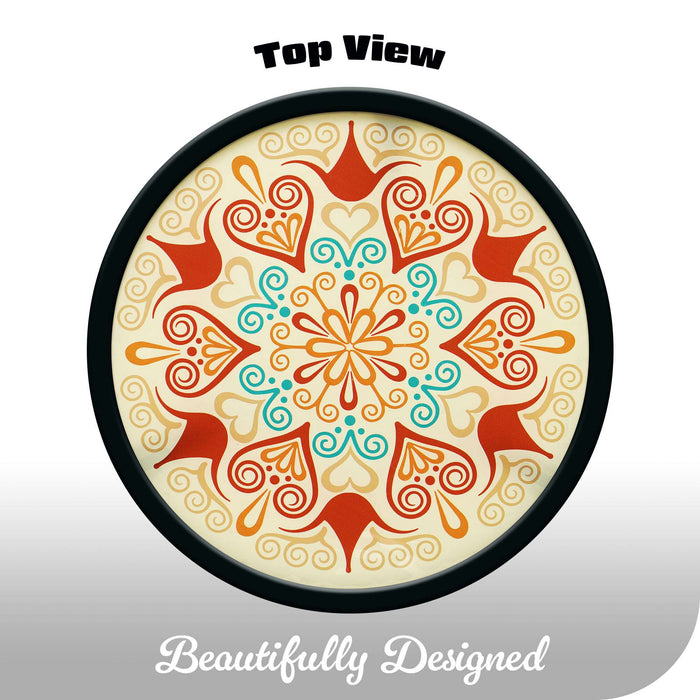 G128 12 in Round Glass Outdoor Side Table Orange Mandala Pattern | Decorative Plant Stand, Small End Table for Garden Patio Porch Living Room