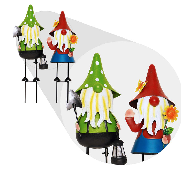 G128 Solar Gnome Garden Statues Set of 2 | 18IN Metal Gnome Outdoor Decorations with LED Lights for Garden, Lawn, Patio