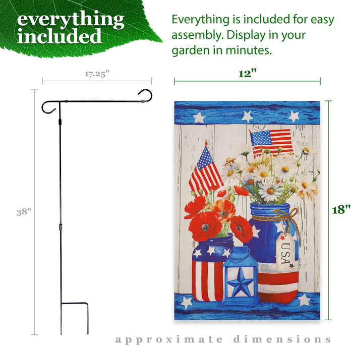 G128 Combo Pack Garden Flag Stand Black 36x16IN & Garden Flag Rustic Mason Jar Patriotic Flowers Printed 12x18IN Double Sided Yard Garden Lawn Decoration