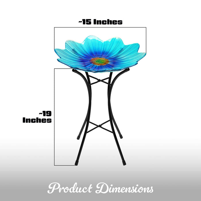 G128 19 Inch Height Glass Bird Baths with Metal Stand | Decorative Blue BirdBaths Bowl Outdoor Garden Bird Feeder